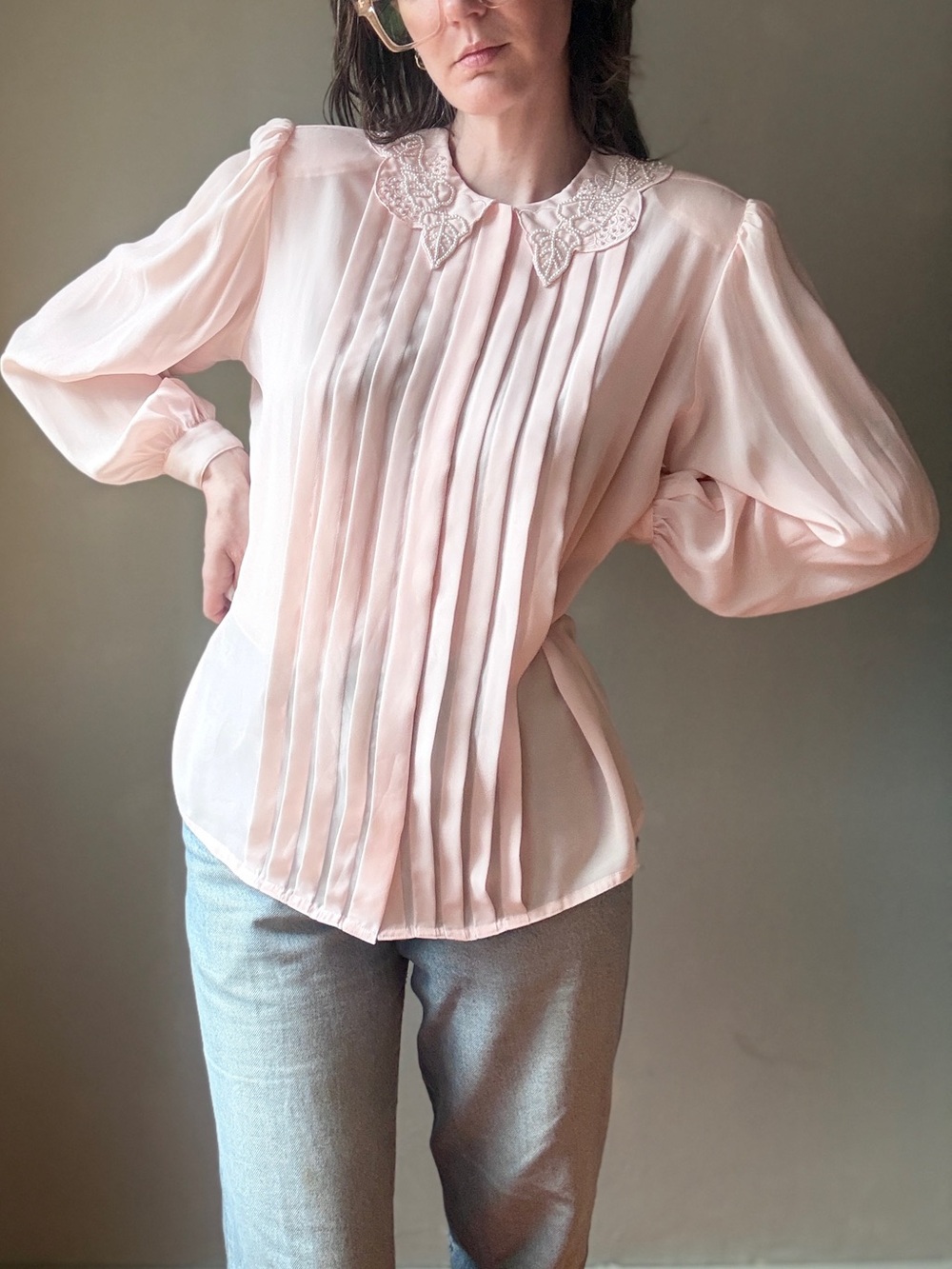 Vintage 80s Pink Pleated Secretary Blouse | Beaded Lace Collar Puff Sleeve | XL - Picture 1 of 10